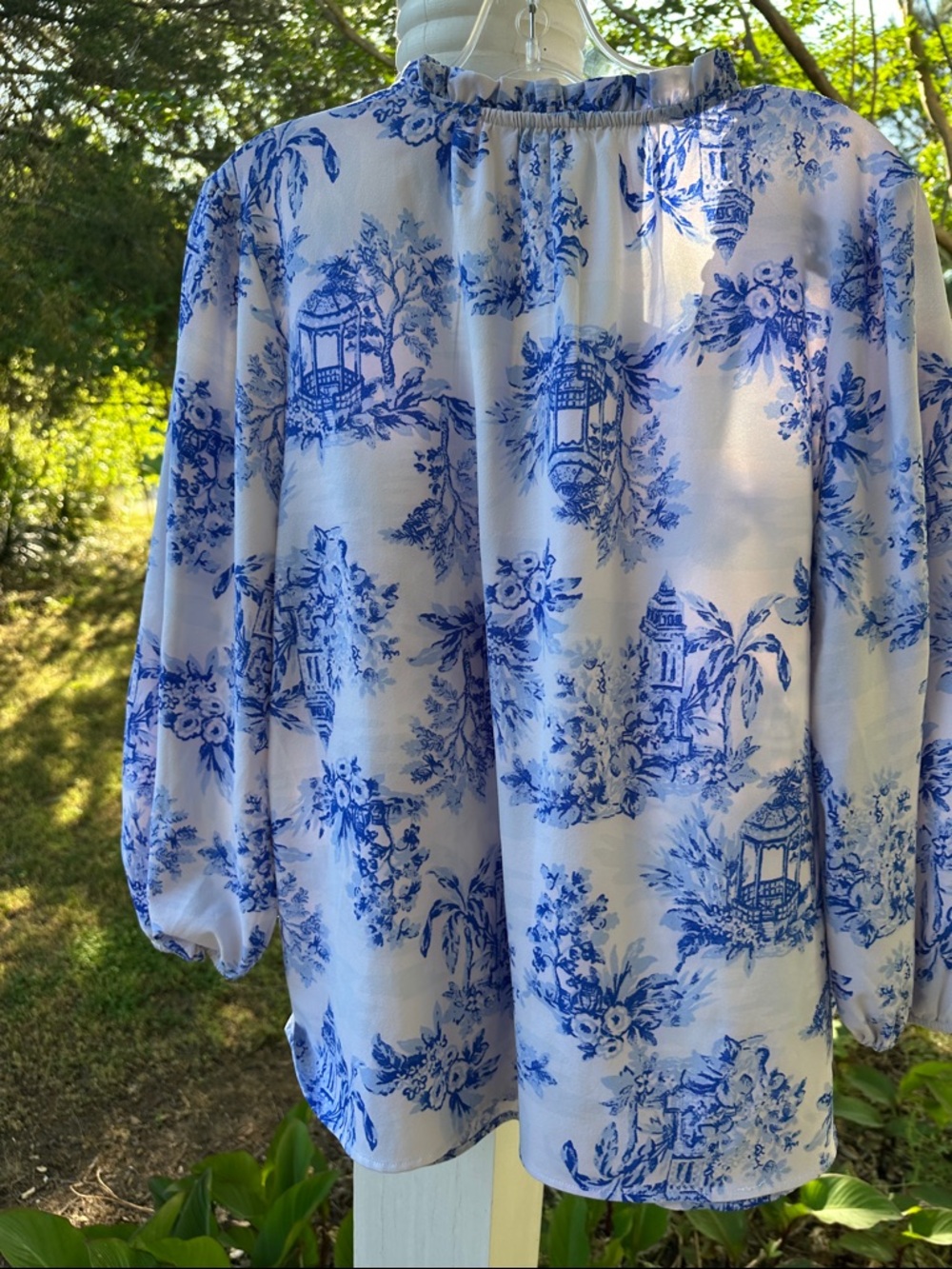 crown & ivy White Blouse with Blue Toile Print and Tassel Tie-Neck - Picture 7 of 7